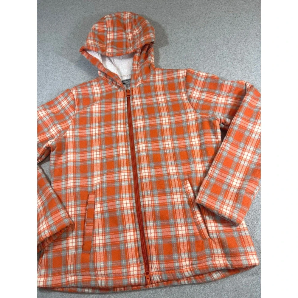Riding Sport Sherpa Lined Plaid Hooded Jacket Women Small Orange Full Zip Fleece
